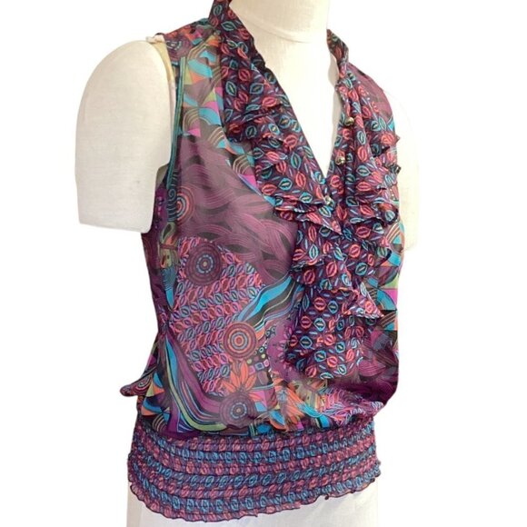 Bisou Bisou Sleeveless Sheer Ruffle V-Neck Smock Waist Top Sz S 70R - Picture 2 of 7